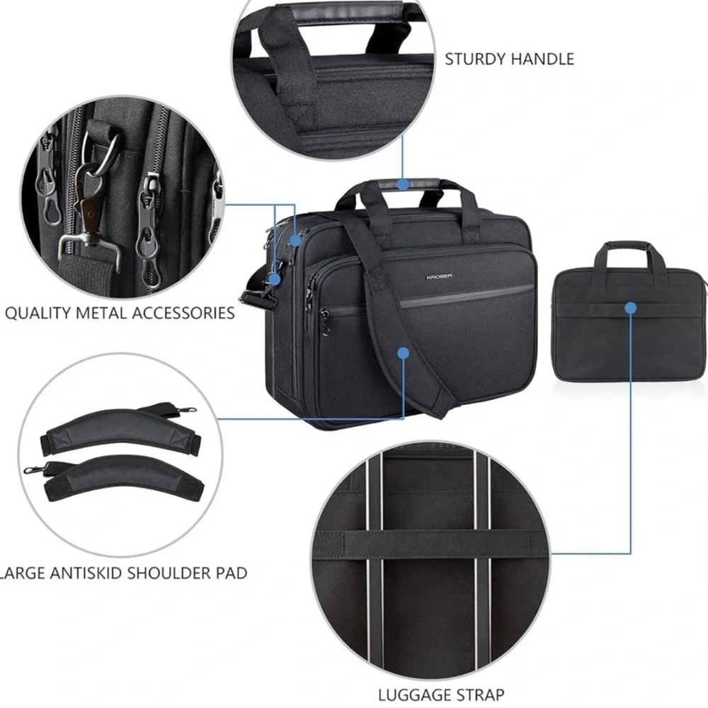 Kroser Premium Black Laptop Briefcase Fits Up To 17.3 Inch Laptop